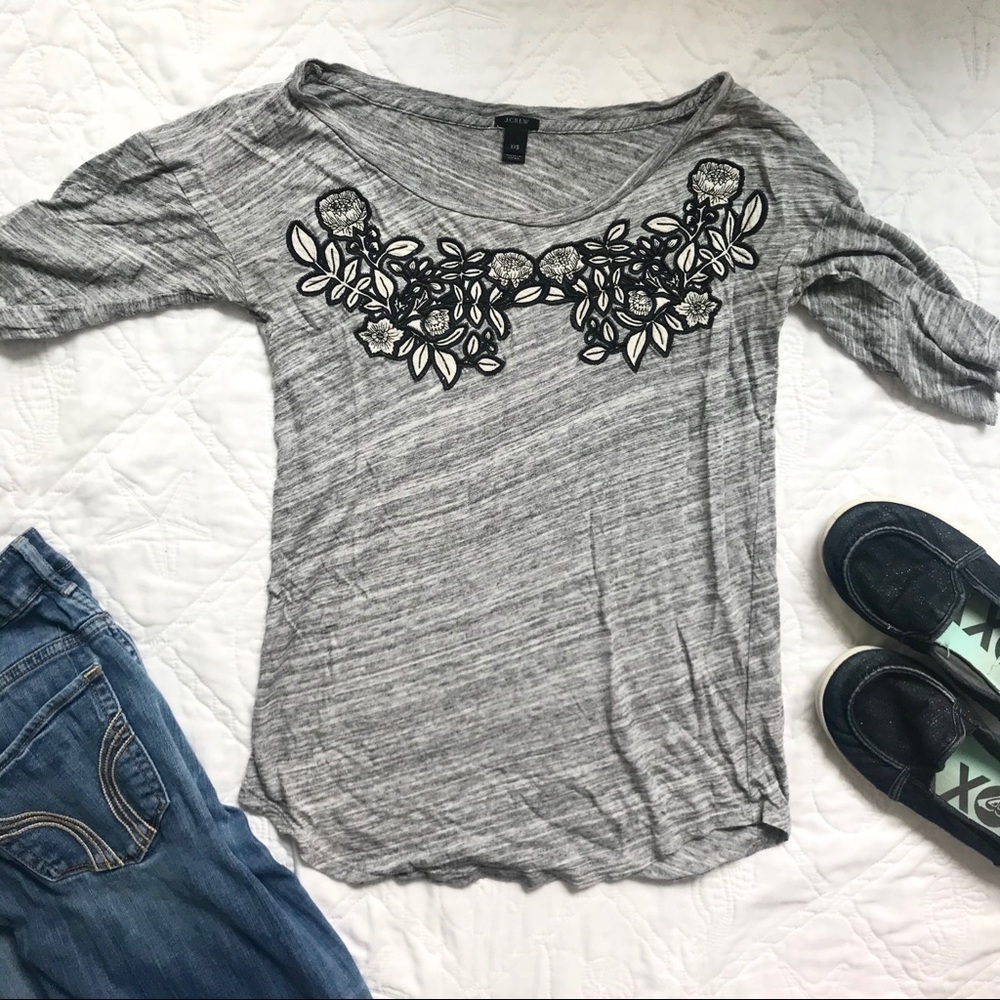 J. Crew Gray Crew Neck Embroidered Floral Top